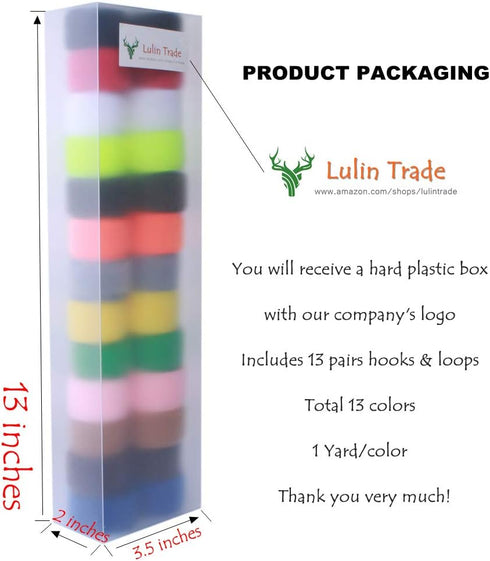 Sew on Hook and Loop Nylon Fabric Magic Fastener Tape by The Yard with Non-Adhesive for DIY Craft Supplies (1 inch Wide, Pack of 13 Colors, 2 Yard...