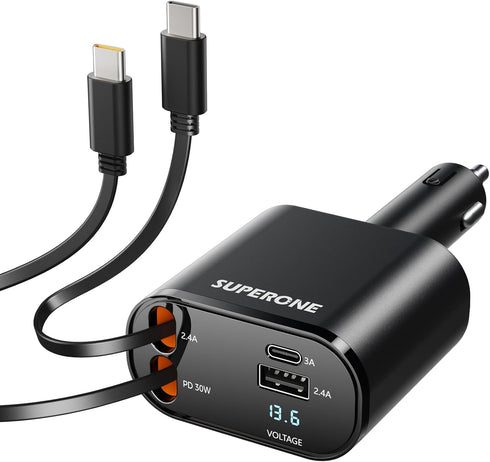 SUPERONE Retractable Car Charger for iPhone with Dual Lightning Cables, 4 in 1 USB C Car Charger Adapter with PD 60W Fast Charging Compatible with...