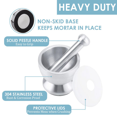 Stainless Steel Mortar and Pestle Set, Spices Grinder Pill Crusher with Silicone Protective Lid - Heavy Duty Mortar Pestle for Molcajete Herb Bowl...