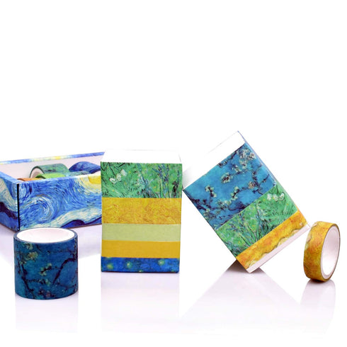 Washi Tape Set of 12 Rolls,Van Gogh Starry Night Decorative Green Leaves Floral Blue Yellow Washi Masking Tape Sets for Craft,Kids,Scrapbook,DIY,G...