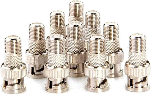 10-Pack Nickel-Plated Brass BNC Male to F Female Coaxial Adapter - 75 Ohm, for CCTV Camera, RG6/RG59 Cable, Scanner - Not for TV/Antenna...