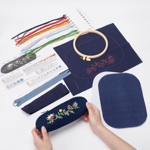 FREEBLOSS DIY Embroidery Pencil Case Embroidery Kit Dark Blue Pencil Case Making Kit Traditional Flower Style Embroidery Starter Kit with Instruct...