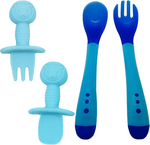 4 piece set of silicone spoon/fork and heat sensitive spoon/fork Baby Feeding Utensils Silicone Tip Self Feeding Chewable Spoon & Fork Toddler Tra...