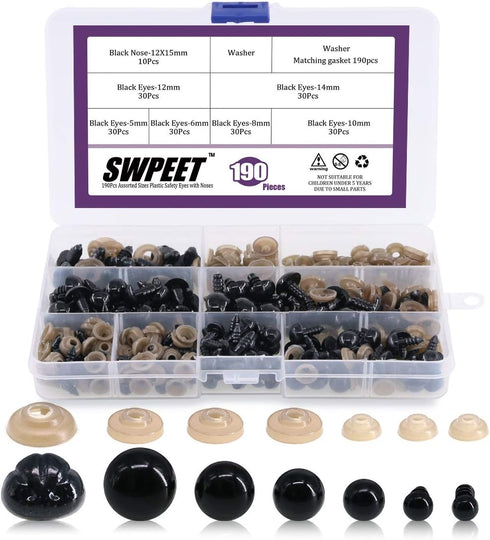 Swpeet 190Pcs Black Assorted Sizes Plastic Safety Eyes and 10 Pcs Noses Set for Doll, Puppet, Plush Animal Making and Teddy Bear...