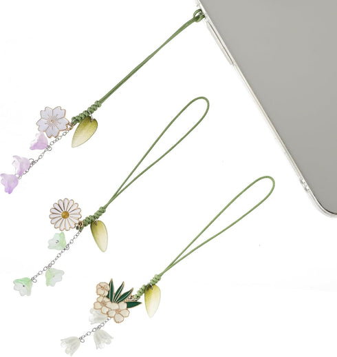 3pcs Cherry Blossom Daisy Flower Phone Charm, Mobile Phone Decorative Pendant Handmade Bracelet Keychain Cute Anti-lost Phone Chain Strap for Wome...