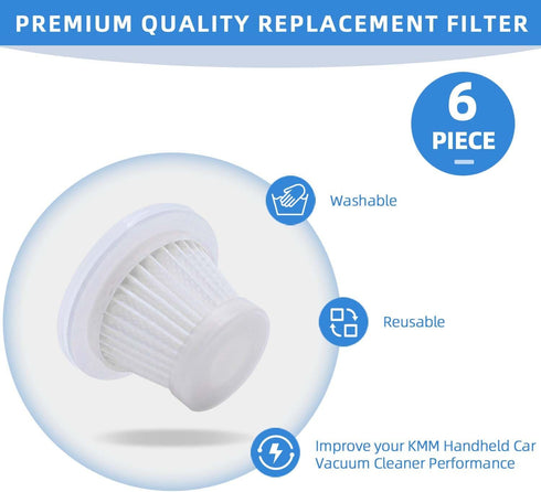 6 Pack HEPA Filter Replacement Compatible with KMM Handheld Car Vacuum Cleaner(Part to LT-117C),Auloea Mini Car Handheld Vacuum Cleaner(Part to V0...