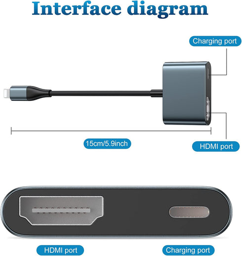 Lightning to HDMI Digital AV Adapter 1080P HD Video HDMI Sync Screen and Audio Connector Cable with Charging Port Compatible with iPhone 14/ 13/ 1...
