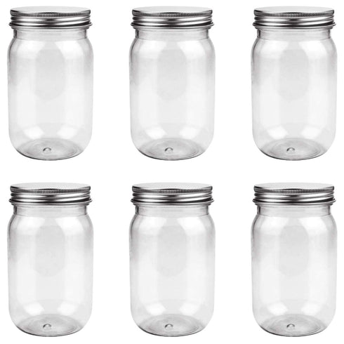 6 Pack 16 Ounce Clear Plastic Mason Jars Containers With Screw Sealing Metal Tinplate Lids,Refillable Empty PET Plastic Slime Candy Storage Jars C...