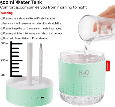 Green Portable Mini Humidifier, 500ml Small Cool Mist USB Desktop Humidifier for Baby Bedroom, Travel, Office, Home - Auto Shut-Off, 2 Mist Modes,...