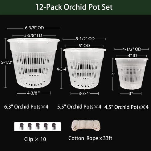 Orchid Pot, 12 Pack Orchid Pots with Holes, 4 Each of 4.5", 5.5", 6.3", Clear Orchid Pots for Repotting, Breathable Slotted Orchids Planter...
