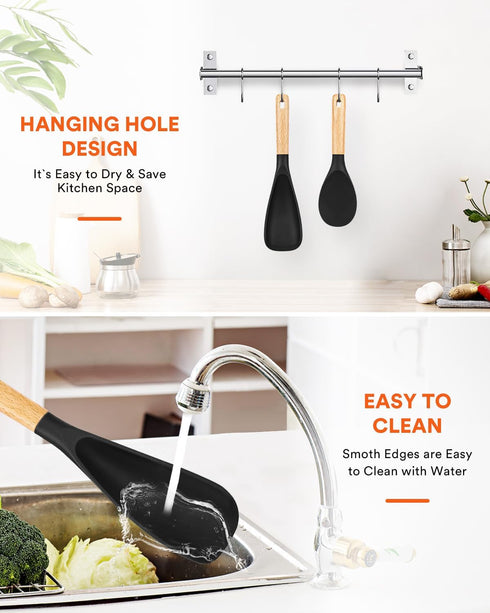 Cooking Spoon and Rice Scooper for Nonstick Cookwares, Great for Cooking and Serving Durable BPA-Free Matte Silicone, Wood Handle Spoon for Mixing...