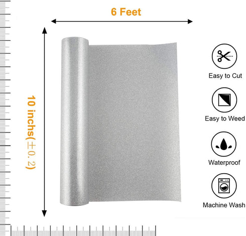 HTV Heat Transfer Vinyl for T-Shirts by KISSWILL - 10 Inches by 6 Feet Glitter Iron on Vinyl Rolls (Silver)...