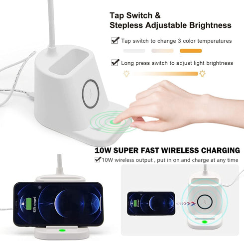 Small Desk Lamp with Wireless Charger, Desk Lights for Home Office - LED, White,Brightness Adjustment, 3 Color Modes,500LM, Study Lamp with Pen Ho...