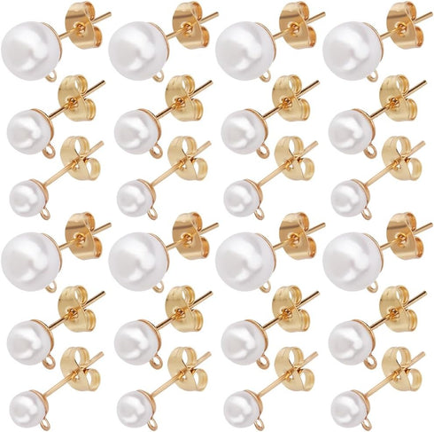 1 Box 120Pcs Hypoallergenic Pearl Earring Posts Pearl Earring Stud Findings with Loop and Imitation Pearl Beads Gold Stainless Steel Earring Studs...