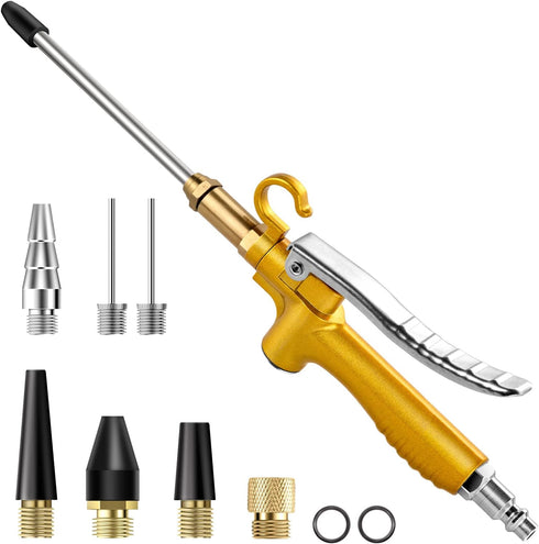 11 Pcs Industrial Air Blow Gun Set with 4.8'' Air Flow Extension, Gold Paint Metal Air Nozzle Kit with 1/4 Inches Standard Quick Fitting, Professi...