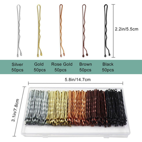 Bobby Pins, 250 Count Hair Pins Bulk Sliver Bobby Pins Brown Pins Gold Bobby Pins Blonde Hair Black Bobby Pins with Box For All Hair Types, 2.2 In...