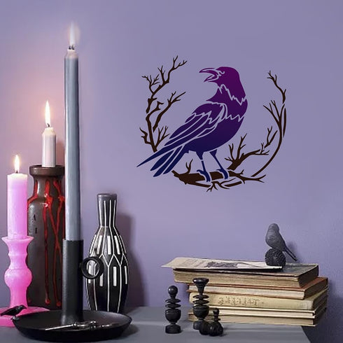 Crow Branch Divination Stencils 11.8×11.8inch Large Raven on Branch Stencils with Paint Brush Primitive Bird Drawing Template for Wood Canvas Furn...