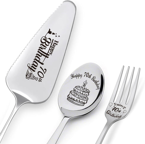 Happy 70th Birthday Personalized Laser-Engraved Stainless Steel Birthday Party Utensil Set - Cake Server, Spoon, and Fork for Mother Father Husban...