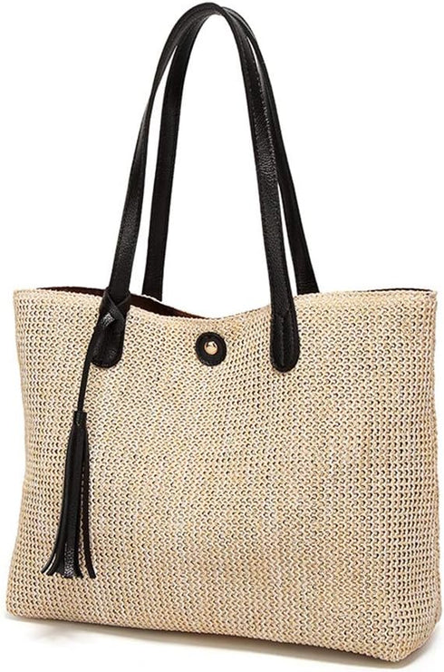Women Straw Summer Beach Bag Handwoven Big Tote Leather Shoulder Handbag with Tassel Decorate...