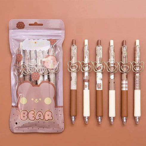 Cute Bear Pens, 6 Pcs, 0.5mm Black Ink, Smooth Writing, Retractable, Wax Protection, Classic Design...