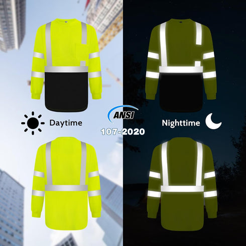 Safety Shirts for Men Class 3 High Visibility Shirts with Black Bottom, Hi Vis Reflective Shirts for Men Women, Long Sleeve Construction Work Shir...