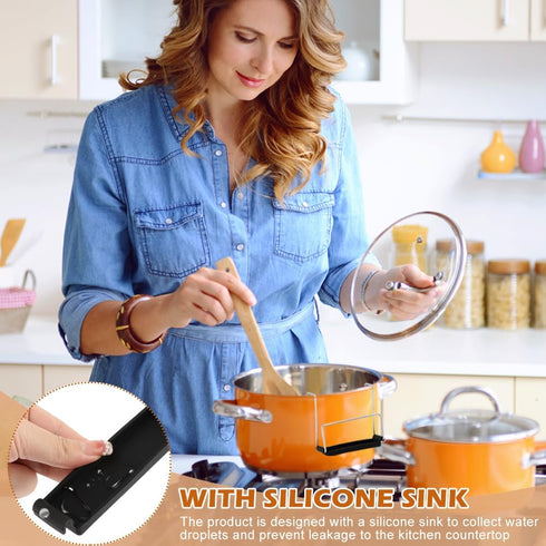 EMVANV Slow Cooker Lid Holder for Cooking, 2pcs Stainless Steel Pot Rack With Silicone Sink, Keeps Countertop No Mess (Black)...