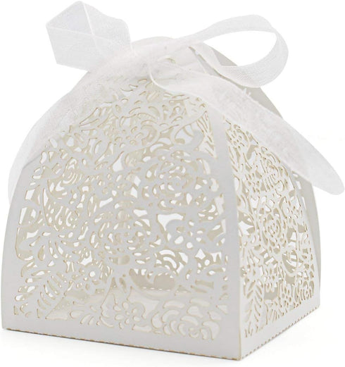 KPOSIYA Pack of 100 Laser Cut Rose Candy Boxes, Favor Boxes 2.5"x 2.5"x 3.1", Gift Boxes Bridal Shower Anniverary Birthday Party Wedding Favor (10...