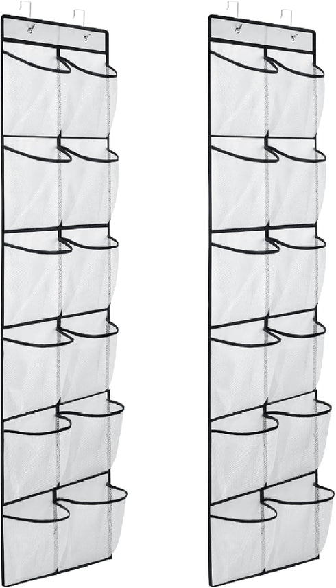Narrow Over The Door Shoe Organizer, 12 Large Mesh Pockets Hanging Shoe Organizer for Closet Organizers and Storage, White, 2 Pack...