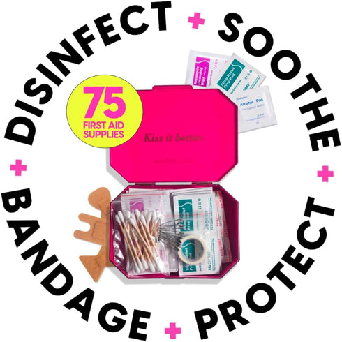 BLINGSTING First Aid Kit - 75 Essential First-aid Supplies, Bandages, Wipes, Gold Travel Case - Multipurpose Mini Emergency Kit for Women - Pink I...