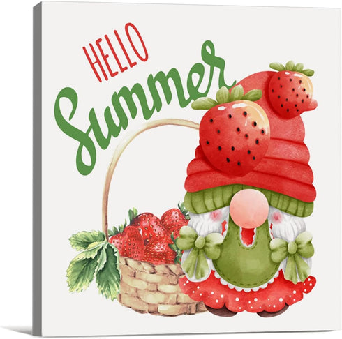 Summer Strawberry Gnome Canvas Wall Art Framed Print 8x8 Inch Hello Summer Poster Painting Desk Sign Home Kitchen Decor...