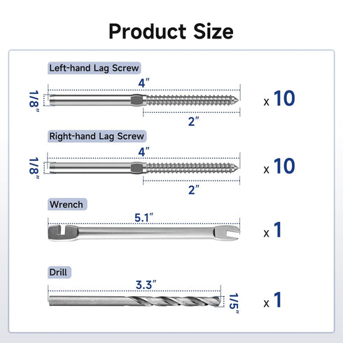 LuckIn Cable Railing Hardware, 20 Pack Right & Left Swage Lag Screws Cable Railing Kit for 1/8" Stainless Steel Cable, T316 Cable Railing System f...