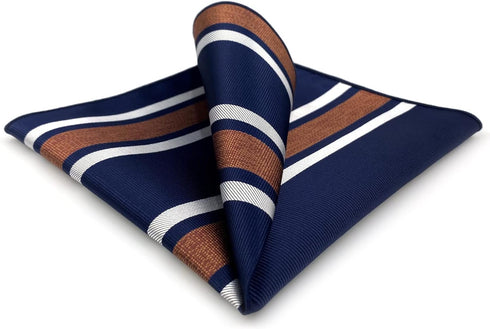 S&W SHLAX&WING Striped Pocket Square for Men Navy Blue with White Brown Stripes Business...