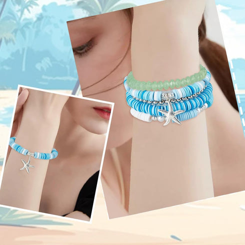 SUNNYCLUE 1 Box DIY 4 Sets Ocean Theme Bracelet Making Kit White Blue Polymer Clay Beads Bulk Starfish Howlite Bead Summer Hawaii Sea Charms Glass...