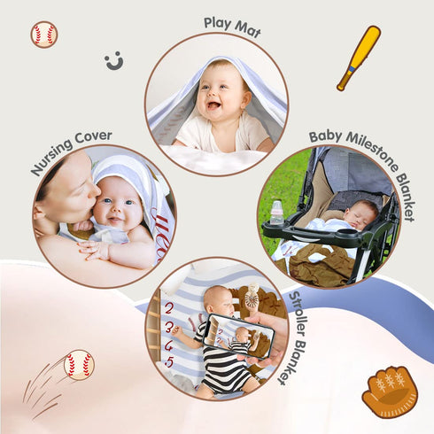 Baby Cotton Swaddle Blanket, Baseball Design, 40x50 Inch, Includes Props, Marker, and Birth Announcement Cards, Unisex...