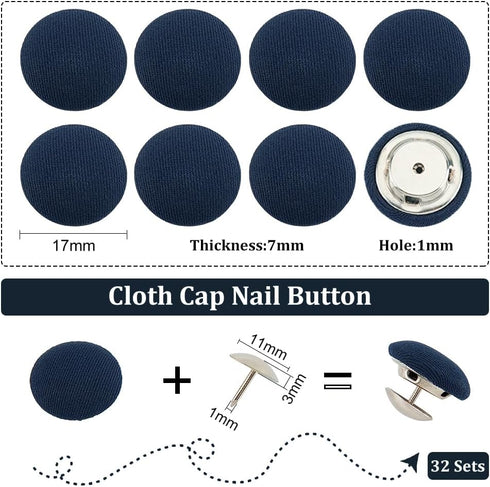 BENECREAT 32 Sets 0.67Inch Baseball Cap Button Top Replacement Hats Buttons, Prussian Blue Cloth Covered Hat Button for Hat Replacement Repair Jea...