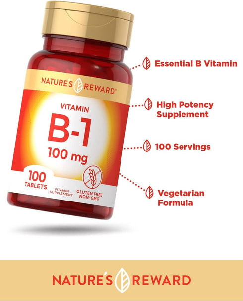 Nature's Reward Vitamin B1 100mg (Thiamine) - 100 Count - Vegetarian, Non-GMO & Gluten Free Supplement...