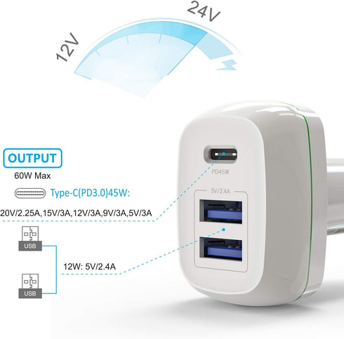USB C Car Charger, 60W 3 Port Fast Charge Car Charger with USB C PD3.0 & Dual USB-A, for 12/12 Pro Max/12 Mini/11/11 Pro Max/XR/X/8/7, Galaxy S10/...