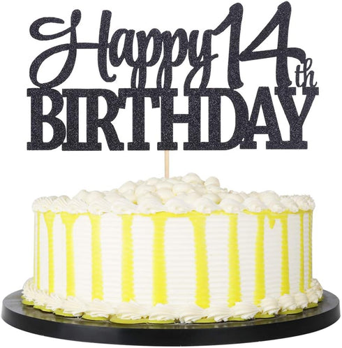 PALASASA Black Glitter Happy 14th Birthday cake topper - 14 Anniversary Party Decoration (14th)...