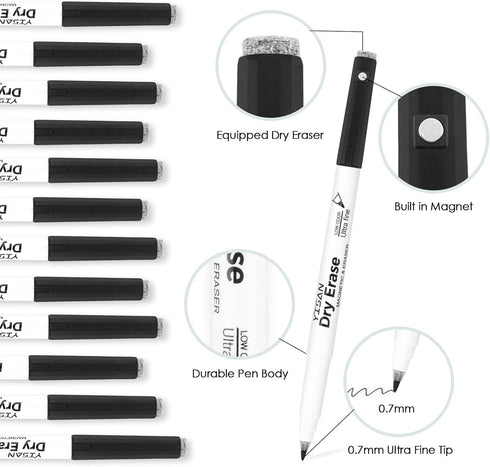 YISAN Magnetic Dry Erase Markers Ultra Fine Tip,0.7mm, Extra Fine Point, Whiteboard Markers with Erasers, Low Odor, for School Office Home,Black,7...
