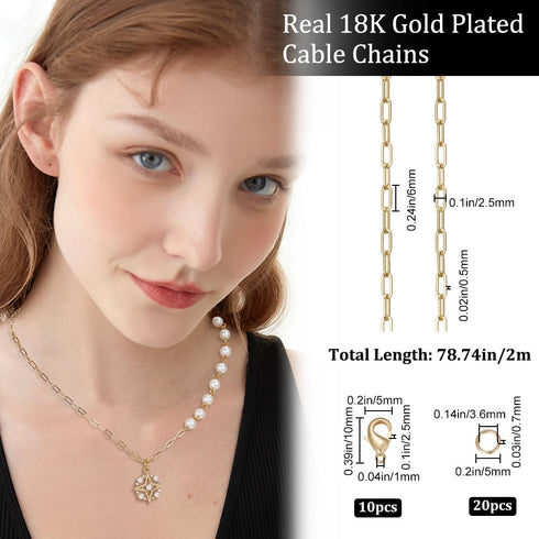 Beebeecraft 1 Box 2M Paperclip Chain 18K Gold Plated Oval Chunky Link Necklace with 10Pcs Lobster Claw Clasps 20Pcs Jump Rings for Jewelry Making...