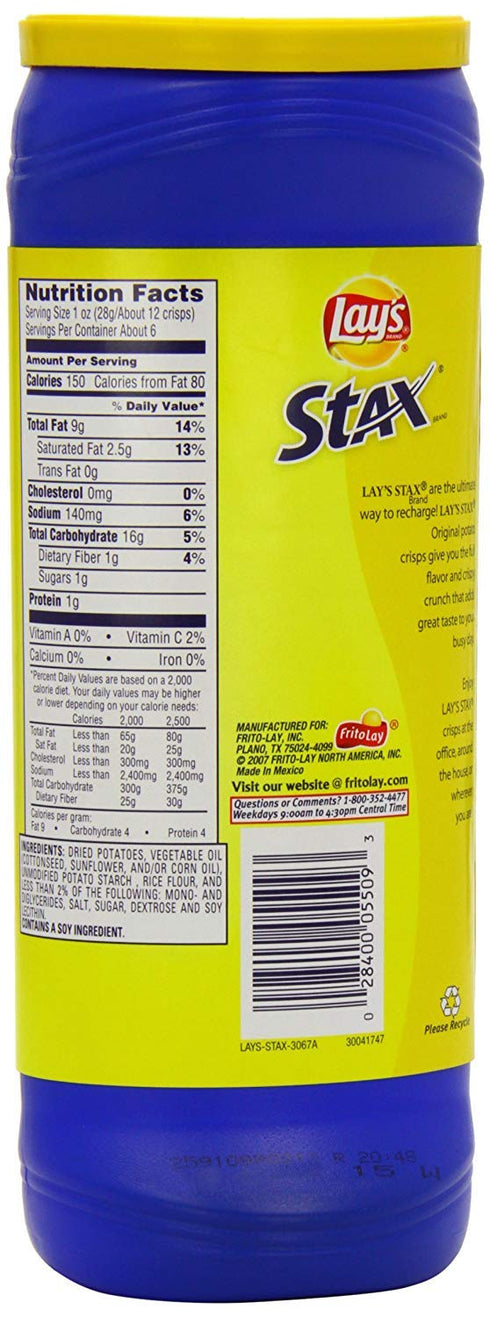 Lay’s Stax Potato Crisps Chips, Original, Gluten Free, 5.75 Oz Canister Pack...