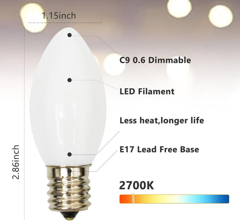 White Christmas Light Replacement Bulbs,25 Pack White Plastic Shatterproof Warm White LED Light Bulbs,C9/E17 Base,0.6W Great for Indoor Outdoor Ch...