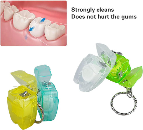 20Pcs Portable Cleaning Mint Dental Teeth Floss Tooth Shaped Key Chain Flat-Line Design Floss Roll Cleaning Oral Care Tooth Cleaner Hygiene 15M Le...