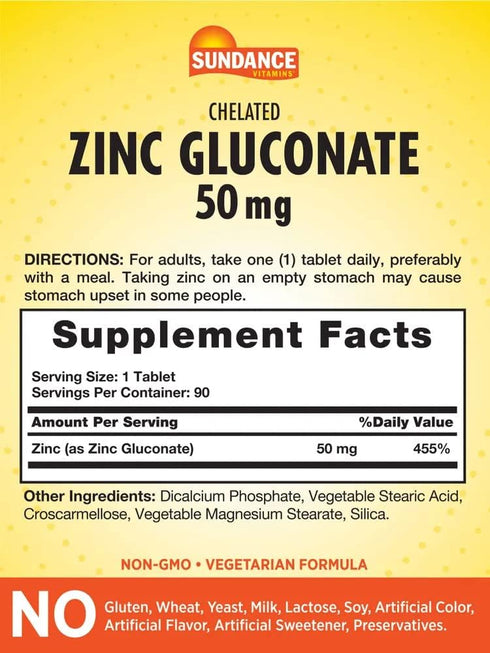 Zinc Gluconate 50mg | 90 Tablets | Chelated Essential Mineral | Vegetarian, Non-GMO, and Gluten Free Supplement | by Sundance...