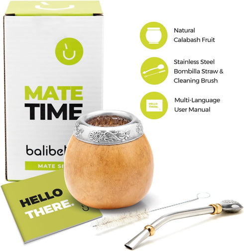 BALIBETOV Yerba Mate Gourd Set (Original Natural Handmade Yerba Mate Cup Argentina) - Includes Mate Tea Cup, Bombilla (Mate Straw) and Clean Brush...