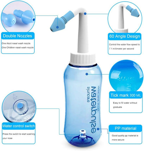 Carllg Neti Pot - Nasal Irrigation Wash Bottle with Sinus Rinse Salt for Adult & Kid (300ml Bottle with 30 Salt Packets)...