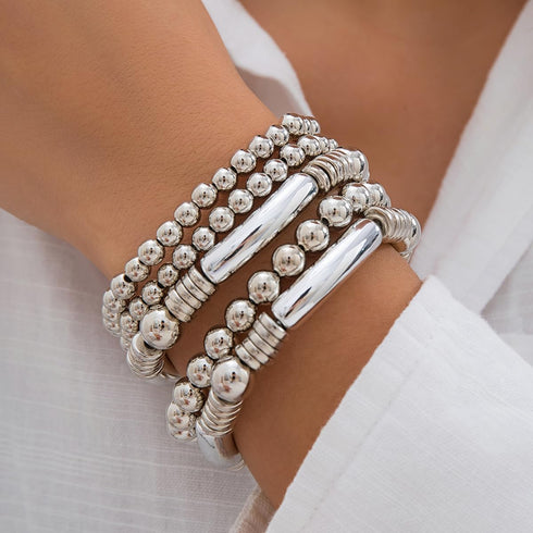 Jumwrit 5pcs Layered Beaded Bracelets Set for Women Dainty Stretch Elastic Round Ball Beads Chain Tube Bangle Bracelets Boho Stackable Bracelets T...