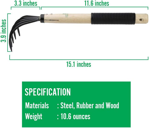Garden Rake with Ergonomic Wooden Handle for Firm Grip, Military Grade Steel Gardeners Tine Cultivator Wood Japanese Ninja Claw Rake for Perfect P...