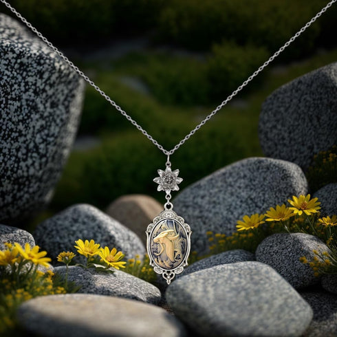 Lotus Charm Necklace Antique Decor Cameo Pendant 2 Chains Velvet Pouch for Gift...