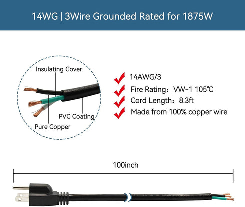 14 Gauge Replacement Power Cord?8Ft Cable 110V 115V 120V 300V Pigtail for Appliance, NEMA 5-15P Plug US SJT 14AWG (14/3), Pigtail Cord...